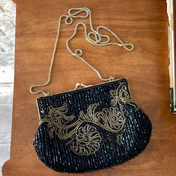 SOLD Vintage La Regale Black Beaded Evening Bag Gold Bead Detailing + Chain - Picture 9 of 16